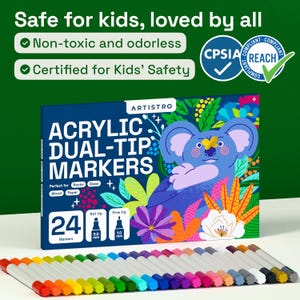 May include: A box of Artistro acrylic dual-tip markers with a koala illustration. The box is navy blue with white text and a colorful koala design. Twenty-four markers are displayed below the box, each with a different color tip.