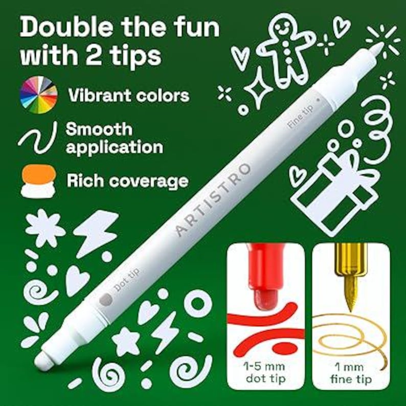 May include: A white ARTISTRO dual-tip marker with a dot tip and a fine tip, shown on a green background with the text "Double the fun with 2 tips." The marker has vibrant colors, smooth application, and rich coverage. The dot tip is 1-5 mm, and the fine tip is 1 mm.