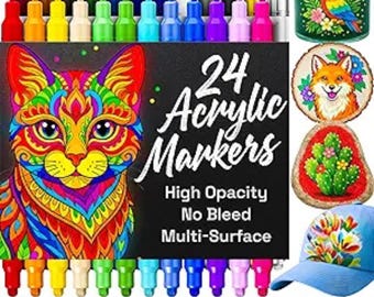 Artistro 24 Acrylic Paint Markers, Dual-Tip Paint Pens for Rock, Wood, Fabric, Glass Crafts
