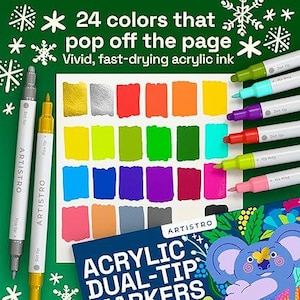 May include: An image showcasing a set of Artistro acrylic dual-tip markers with 24 vibrant colors. The markers are displayed alongside color swatches, with text that reads "24 colors that pop off the page." The image also includes a koala illustration.
