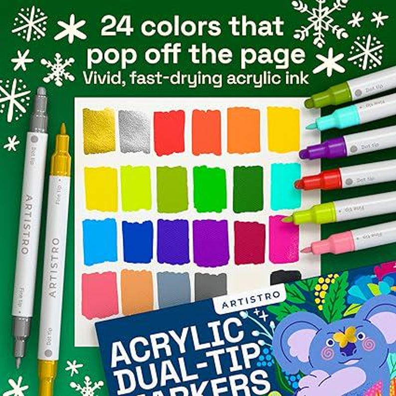 May include: An image showcasing a set of Artistro acrylic dual-tip markers with 24 vibrant colors. The markers are displayed alongside color swatches, with text that reads "24 colors that pop off the page." The image also includes a koala illustration.