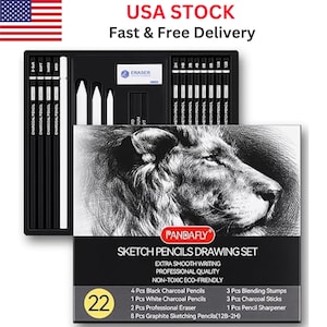 May include: A black sketch pencil drawing set with the text "PANDAFY SKETCH PENCILS DRAWING SET". The set includes charcoal pencils, white charcoal pencils, erasers, blending stumps, charcoal sticks, a pencil sharpener, and graphite sketching pencils.