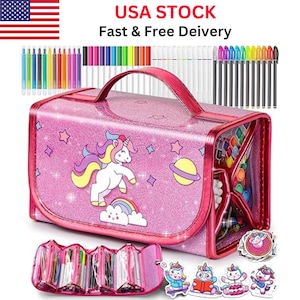 May include: Pink glittery unicorn-themed art kit with a handle, featuring a unicorn, rainbow, and planet design. Includes a variety of colorful pens and stickers. The kit is designed for children's art projects.