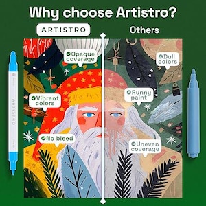 May include: An advertisement for Artistro markers. The image shows a comparison of Artistro markers versus others, highlighting vibrant colors, opaque coverage, and no bleed. Two light blue markers are on either side of the comparison.