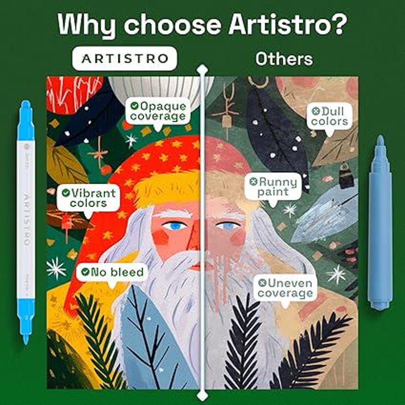 May include: An advertisement for Artistro markers. The image shows a comparison of Artistro markers versus others, highlighting vibrant colors, opaque coverage, and no bleed. Two light blue markers are on either side of the comparison.