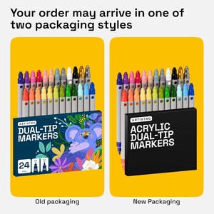 May include: Image shows two packaging styles for Artistro dual-tip markers. The old packaging features a blue box with a koala illustration and the text "DUAL-TIP MARKERS". The new packaging is a black box with the text "ACRYLIC DUAL-TIP MARKERS". Both boxes contain 24 markers.