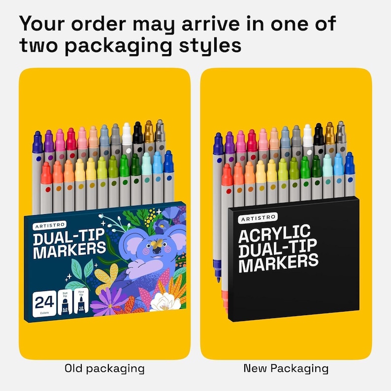 May include: Image shows two packaging styles for Artistro dual-tip markers. The old packaging features a blue box with a koala illustration and the text "DUAL-TIP MARKERS". The new packaging is a black box with the text "ACRYLIC DUAL-TIP MARKERS". Both boxes contain 24 markers.