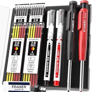 May include: A set of STAGEEK art supplies, including 2.8 mm graphite refills, long nib markers, a black and red mechanical pencil, and an eraser. The graphite refills are in yellow, red, and black. The markers are white and red.
