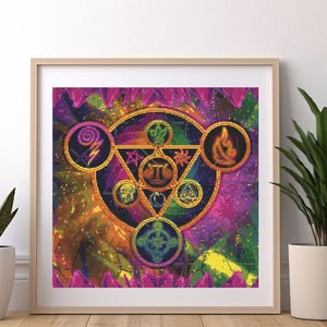 May include: A framed, colorful, geometric design with a central triangle and circular elements. The artwork features symbols and patterns in shades of purple, gold, green, and orange, set against a speckled background. The frame is a light wood color.