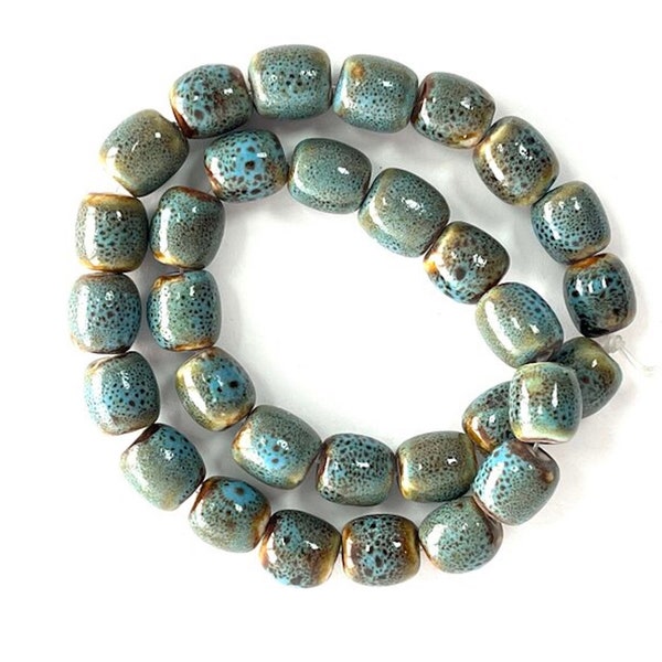 30 Porcelain 13mm Blue Beads, Ceramic Beads, Boho Hippie Beads