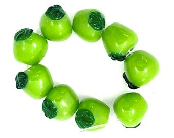 10 Green Apple Beads, Lampwork Glass Fruit Beads, Food Beads