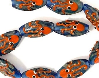 9 Orange Octopus Beads, 30mm Oval Sealife Beads, Ocean Beads