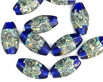 10 Blue Lampwork Glass Beads, Abstract Swirl Beads, 2 shape options
