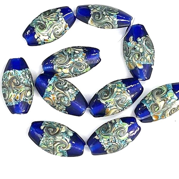 10 Blue Lampwork Glass Beads, Abstract Swirl Beads, 2 shape options