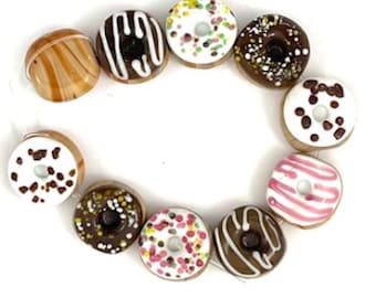 Donut Lampwork Glass Beads, Food Dessert Beads, qty 10
