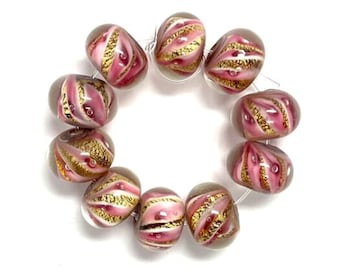 10 Pink and Gold Foil Rondelle Beads, 14mm Lampwork Glass Beads
