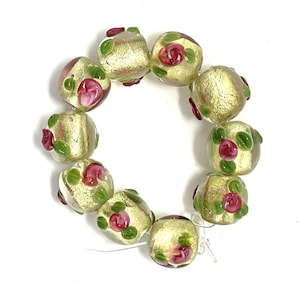 Lampwork Glass 10mm Round Flower Beads, Gold Foil Floral Beads, qty 10