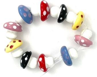 Polka Dot Mushroom Lampwork Glass Beads, Toadstool Beads, qty 10