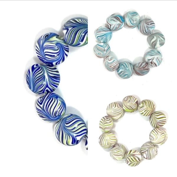 10 Striped 15mm Lampwork Glass Beads, Swirl Abstract Lentil Beads, 2 color choices