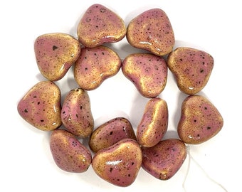 14 Porcelain Heart Shape Beads, Pink Ceramic Beads, 30mm