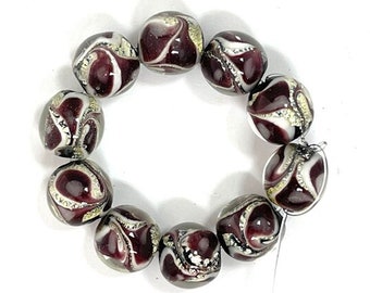 10 Abstract 12mm Lampwork Glass Beads, Round Purple Beads