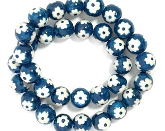 33 Blue 12mm Porcelain Ceramic Round Flower Beads