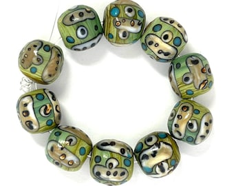 Green Lampwork Glass Beads, Tribal Boho Style, 12mm, qty 10