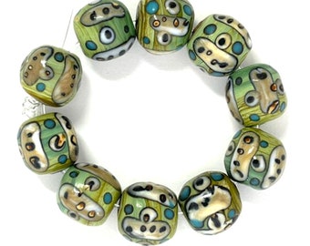 10 Green Tribal Lampwork Glass Beads, 12mm Round Abstract Beads