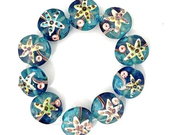 10 Lampwork Glass Starfish Beads, 20mm Lentil Sealife Beads