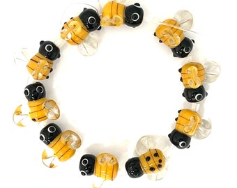 10 Bee Beads, Bumble Bee Lampwork Glass Beads, Honey Bee Beads, Insect Beads