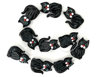 10 Lampwork Glass Black Cat Beads, Cat Body Beads, Kitty Beads