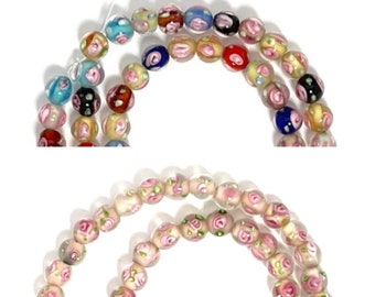 50-60 Tiny 6mm Pink or Multicolor Lampwork Glass Beads, Floral Beads