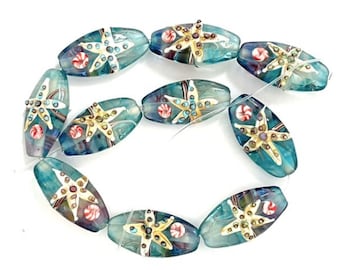 10 Starfish Beads Lampwork Glass, 30mm Oval Fish Beads, Ocean Beads