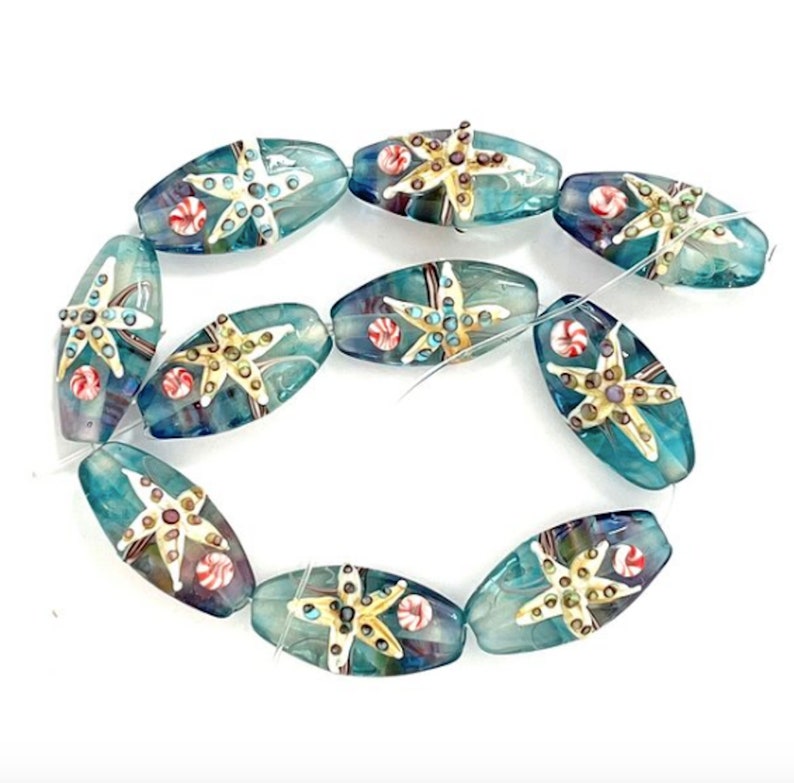 10 Starfish Beads Lampwork Glass, 30mm Oval Fish Beads, Ocean Beads image 1