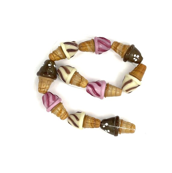 Ice Cream Cone Lampwork Glass Beads, Food Dessert Beads, qty 10