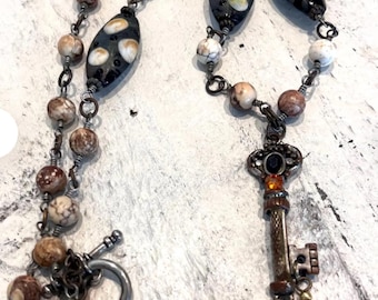 Steampunk Key Pendant Necklace, Handmade Gemstone and Lampwork Glass Bead Wire Wrapped Chain