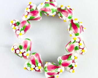 10 Heart Shape Flower Beads, 22mm Lampwork Glass Floral Beads