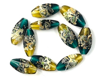 10 Lampwork Glass Blue and Yellow Abstract Beads, 30mm Oval Beads