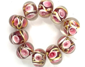 10 Pink and Gold Foil Rondelle Lampwork Glass Beads