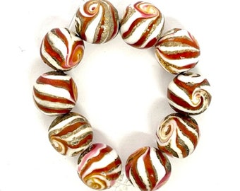 10 pieces Lampwork Glass Gold Foil 12mm Round Beads, Brown and White Striped Beads