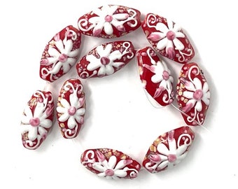 10 Red Lampwork Glass Flower Beads, 30mm Oval Floral Beads