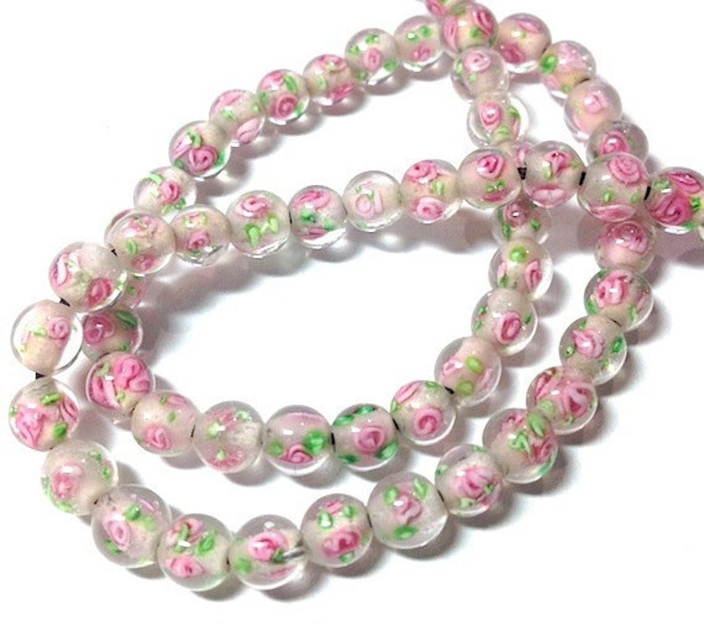 50-60 Tiny 6mm Pink or Multicolor Lampwork Glass Beads, Floral Beads image 3