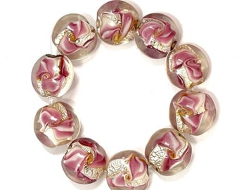 10 Pink Foil Lampwork Glass Beads, 20mm Lentil Beads