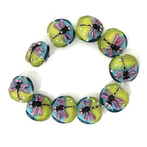 Dragonfly Lampwork Glass Lentil Beads, Insect Nature Beads, qty 10