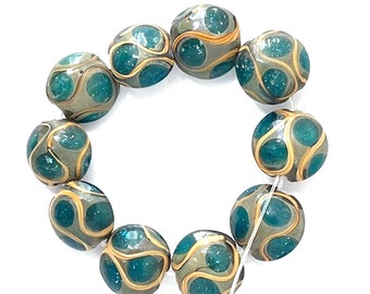 10 Lampwork Glass Green and Gold Abstract Beads, 15mm Lentil Beads