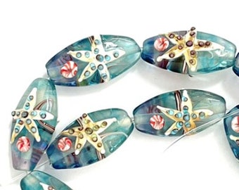 2 Oval 30mm Starfish Lampwork Glass Beads, Sea Creature Beads, Fish Beads