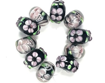 10 Rondelle Flower Beads, 14mm Lampwork Glass Floral Beads