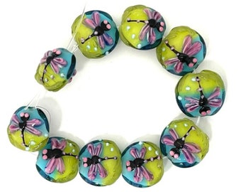 10 Dragonfly Lampwork Glass Beads, 20mm Lentil Insect Beads