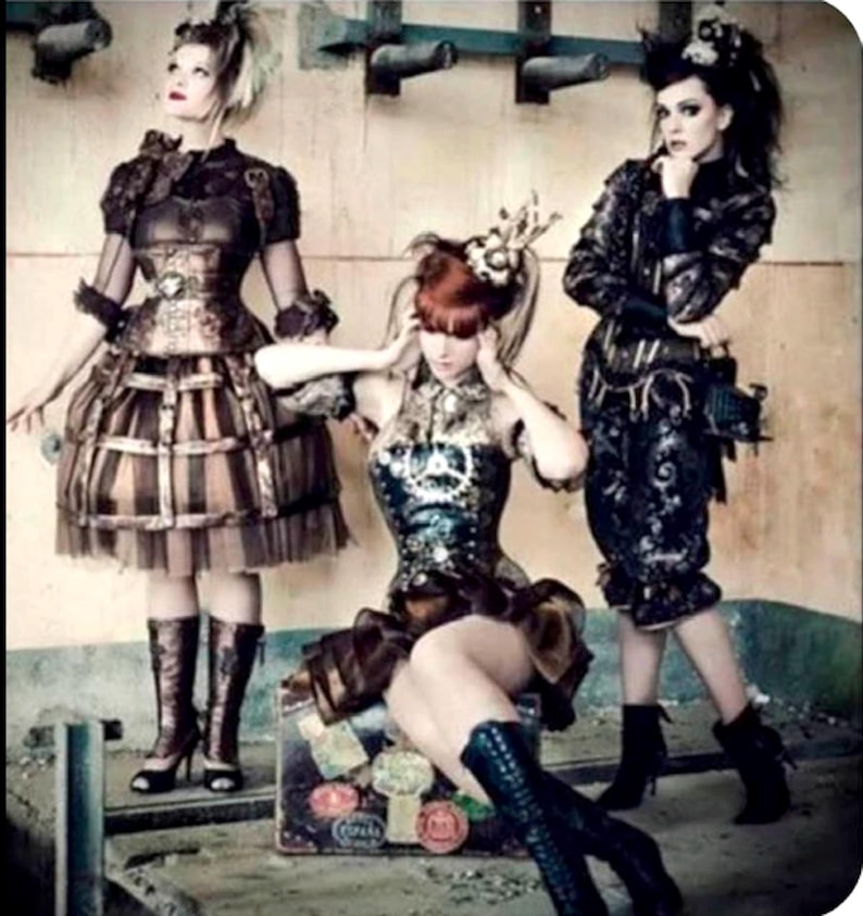 May include: Three individuals wearing elaborate outfits featuring metallic corsets, layered skirts, and dark patterned fabrics. The attire includes intricate gear-like embellishments, lace-up boots, and structured bodices, creating a cohesive aesthetic with dark brown, black, and bronze tones.