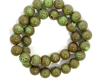 35 Green and Brown 12mm Round Porcelain Ceramic Beads, Tribal Beads